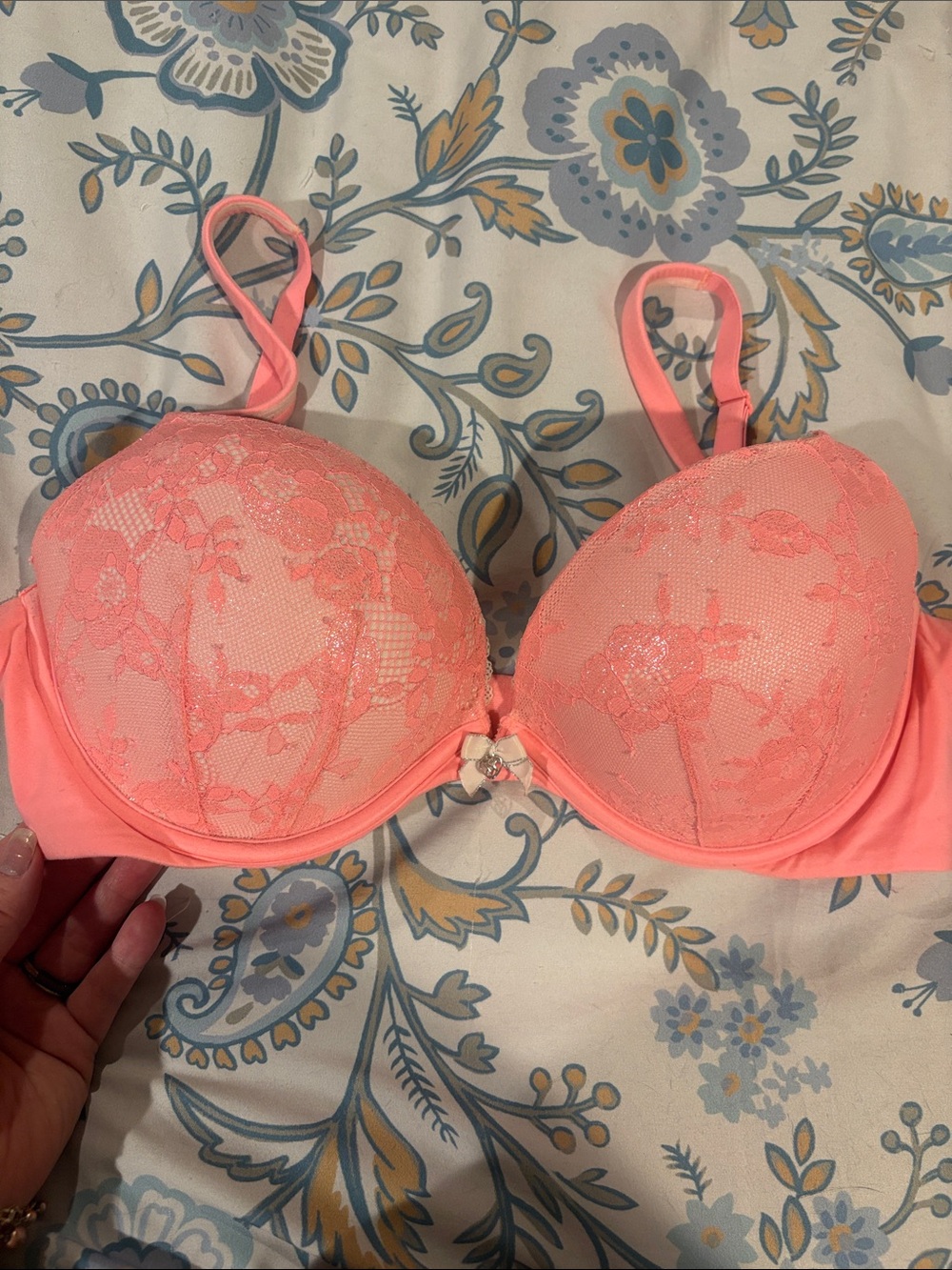 Victoria's Secret Coral Lace Push-Up Bra with Bow Accent and convertible straps